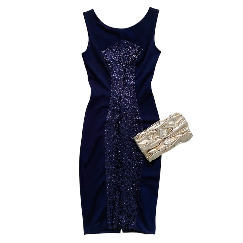 Elise Ryan navy sequined pencil dress